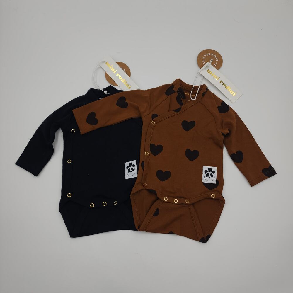 Mini Rodini Basic Wrap Body One Piece in Black and Heart Size Newborn